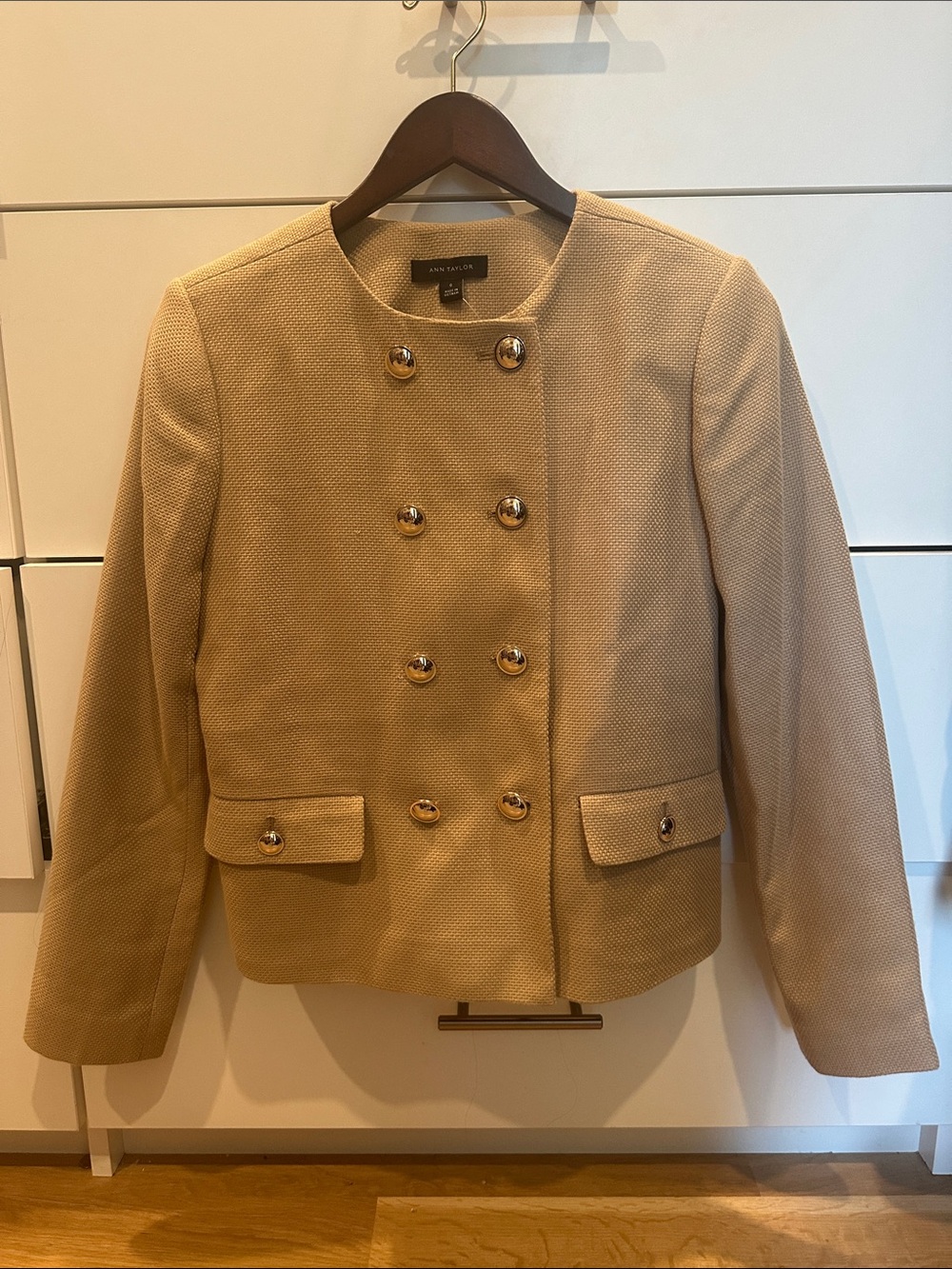 Ann Taylor Tan Double-Breasted Textured Blazer with Gold Buttons